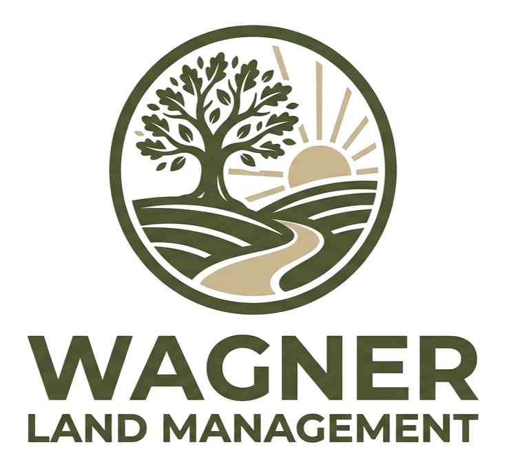Wagner Land Management logo with tree, sun, and winding path in olive and tan