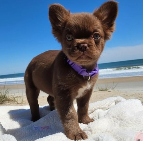 Small brown puppy wearing a purple collar standing on a beach with ocean and blue sky behind it
