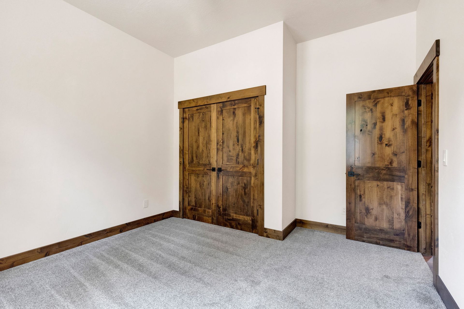 Empty carpeted room with white walls and two rustic wooden doors