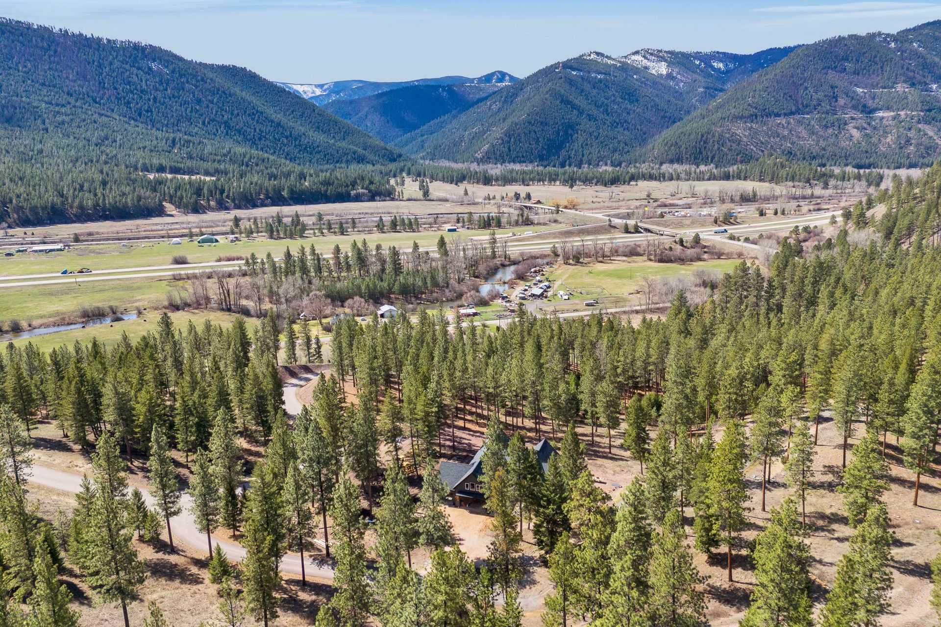 Mountain valley with pine forest, open meadow, and distant blue hills under a clear sky