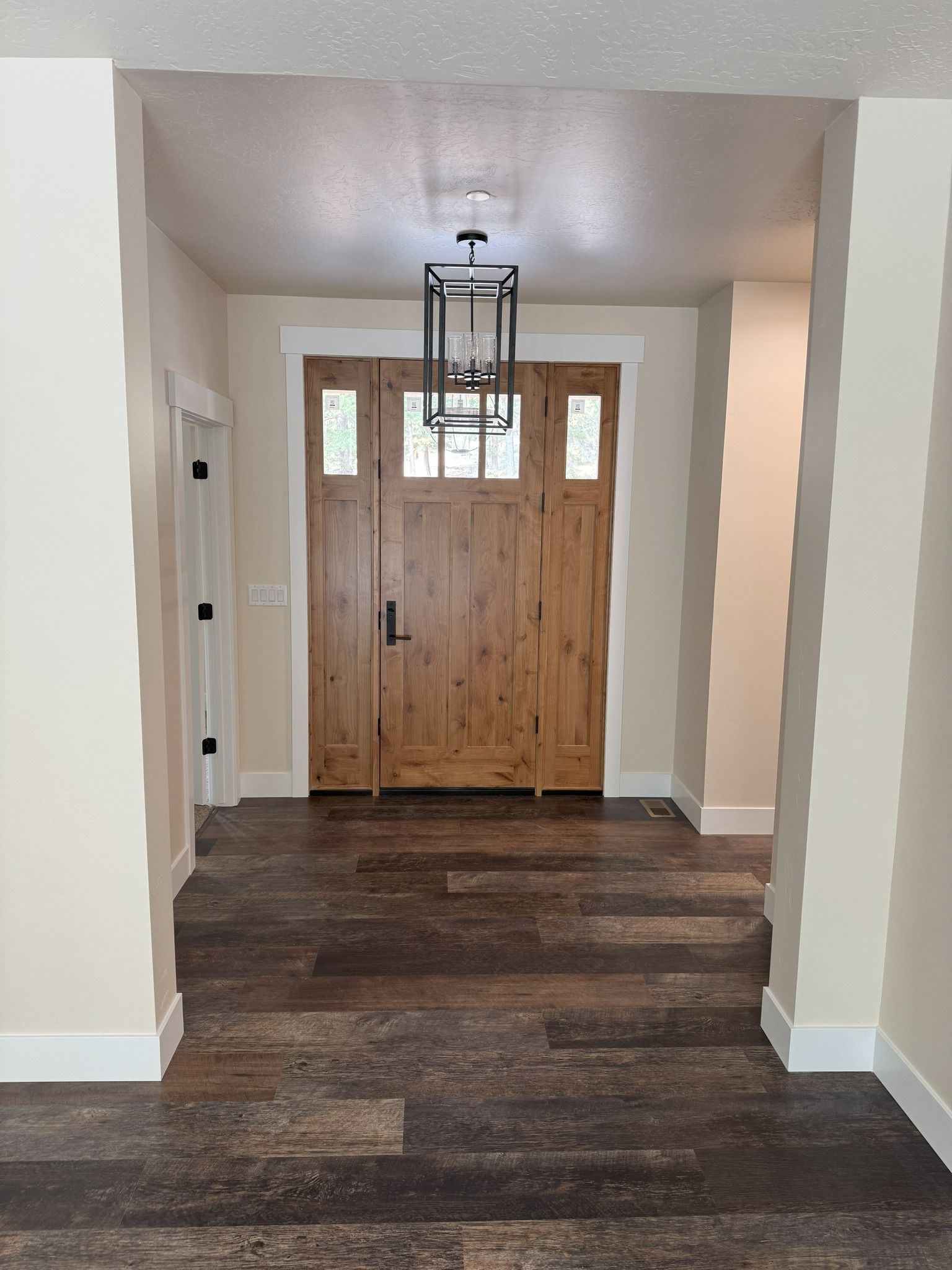 Front entry hallway with wood floor, white walls, and a rustic wooden front door with glass panes.