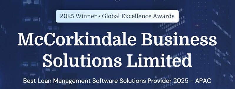 Blue award banner for McCorkindale Business Solutions Limited, 2025 Winner, APAC best low management software provider.