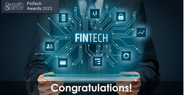 Fintech awards graphic with glowing digital icons and “Congratulations!” banner on a dark background