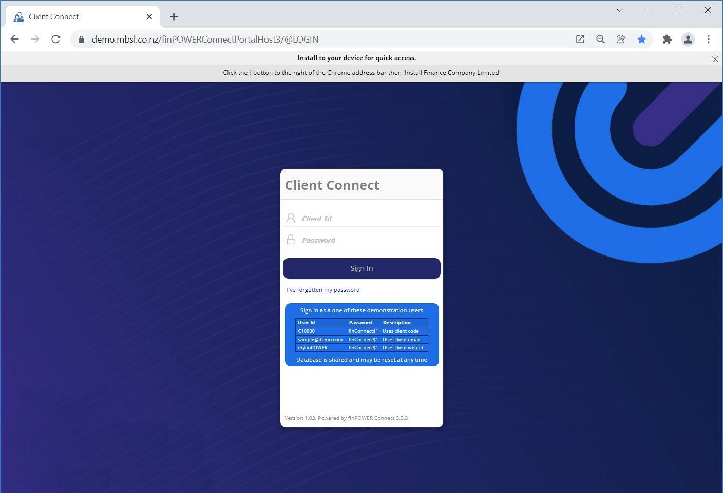 A computer screen is open to a page that says client connect mbsl