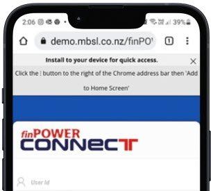 A cell phone is open to a page that says `` finpower connect ''.