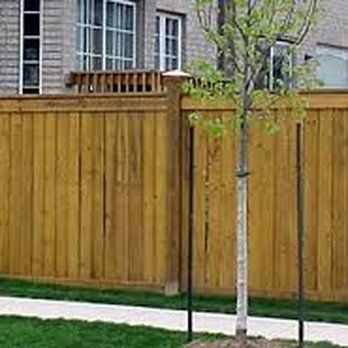 A wooden fence with a tree in front of it.