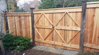 A wooden fence with a gate in the backyard.