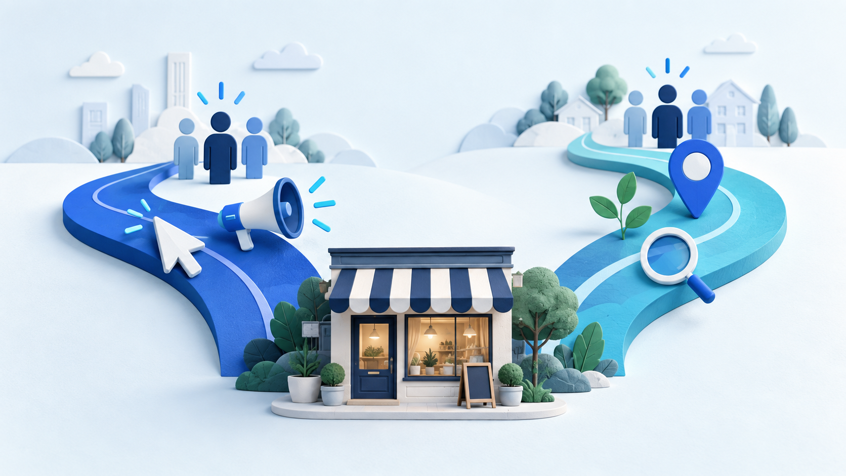 Illustration of a local shop connected to customers by paid search and local SEO routes.
