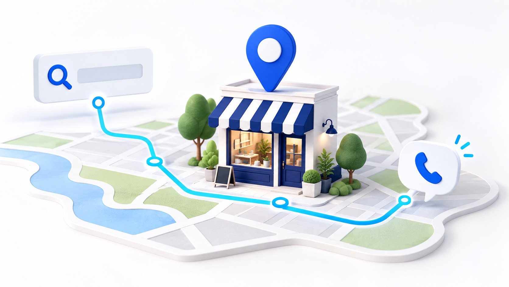 A local shop on a map connected to search and a customer enquiry.