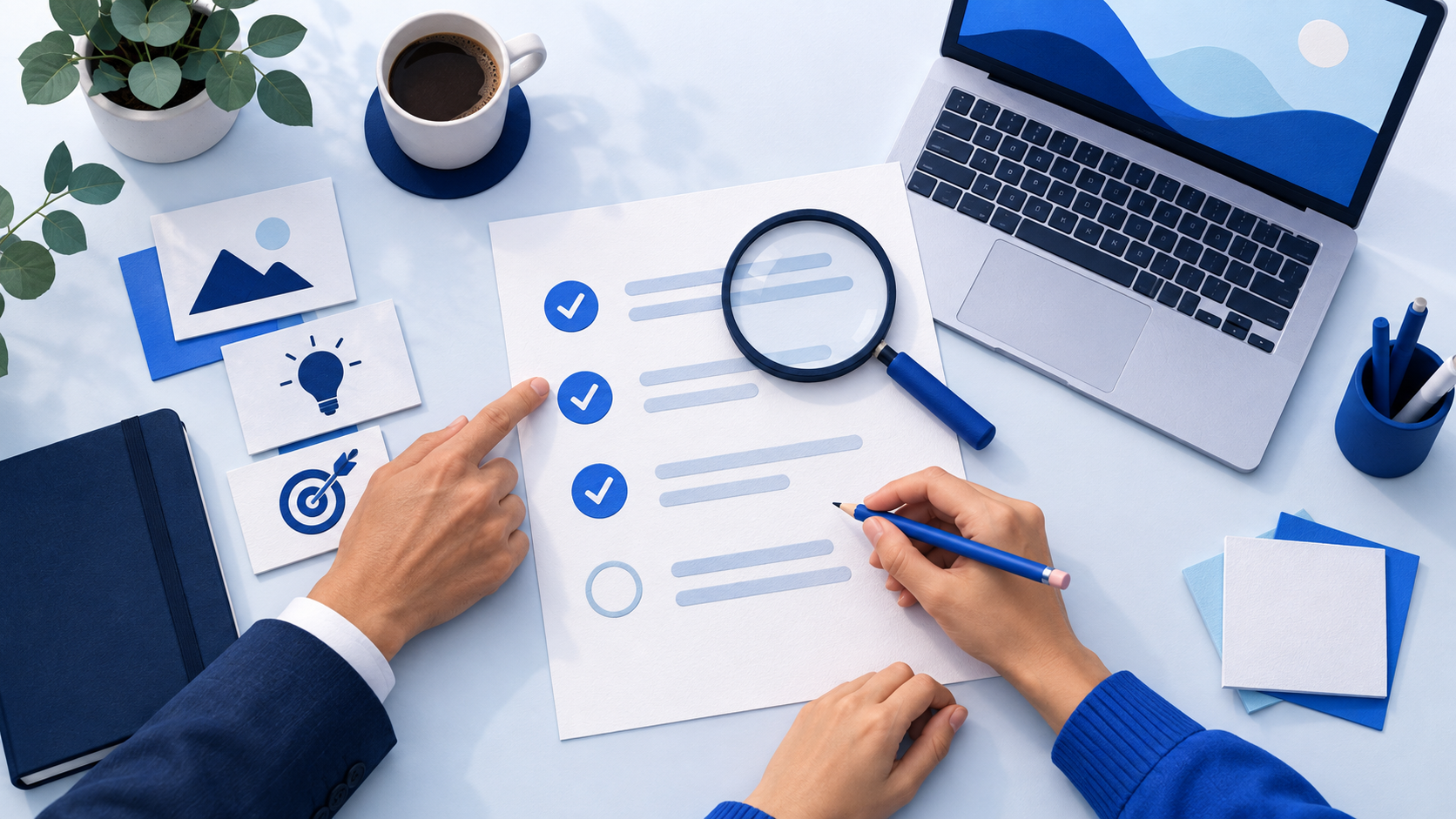 Two people reviewing a marketing checklist together beside a laptop and magnifying glass.