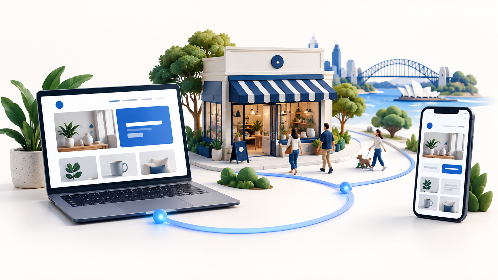 A local shop connected to its website on a laptop and mobile phone.