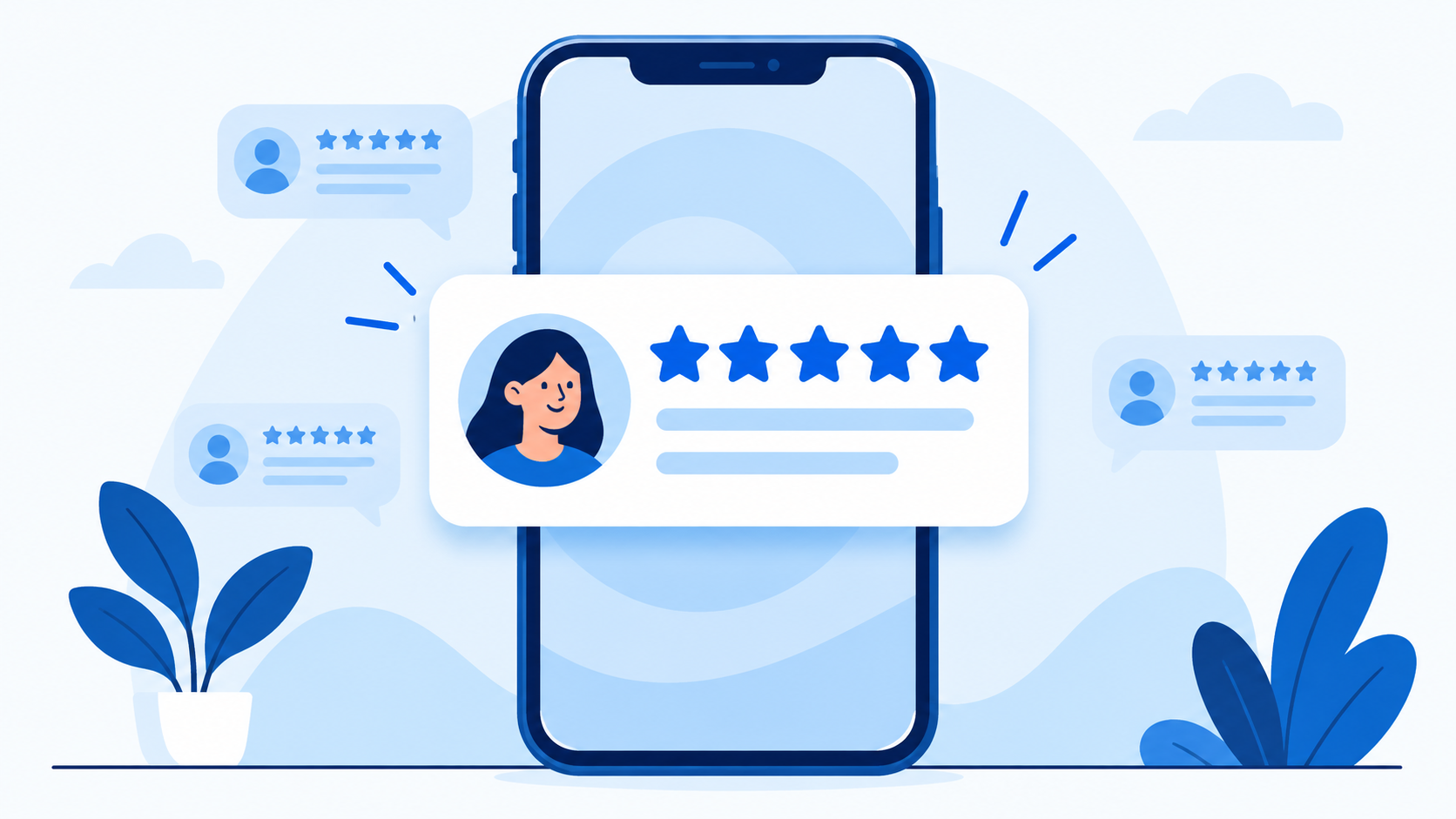 Illustration of a phone displaying a customer review with five stars.