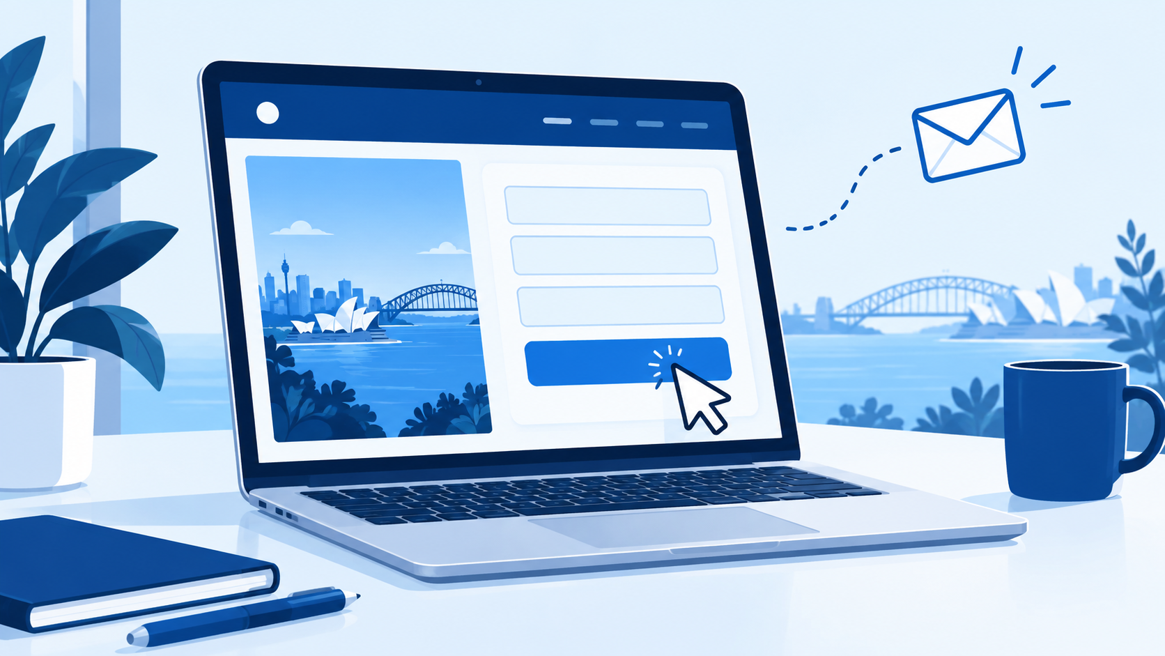 Illustration of a laptop contact form with a cursor ready to submit an enquiry.