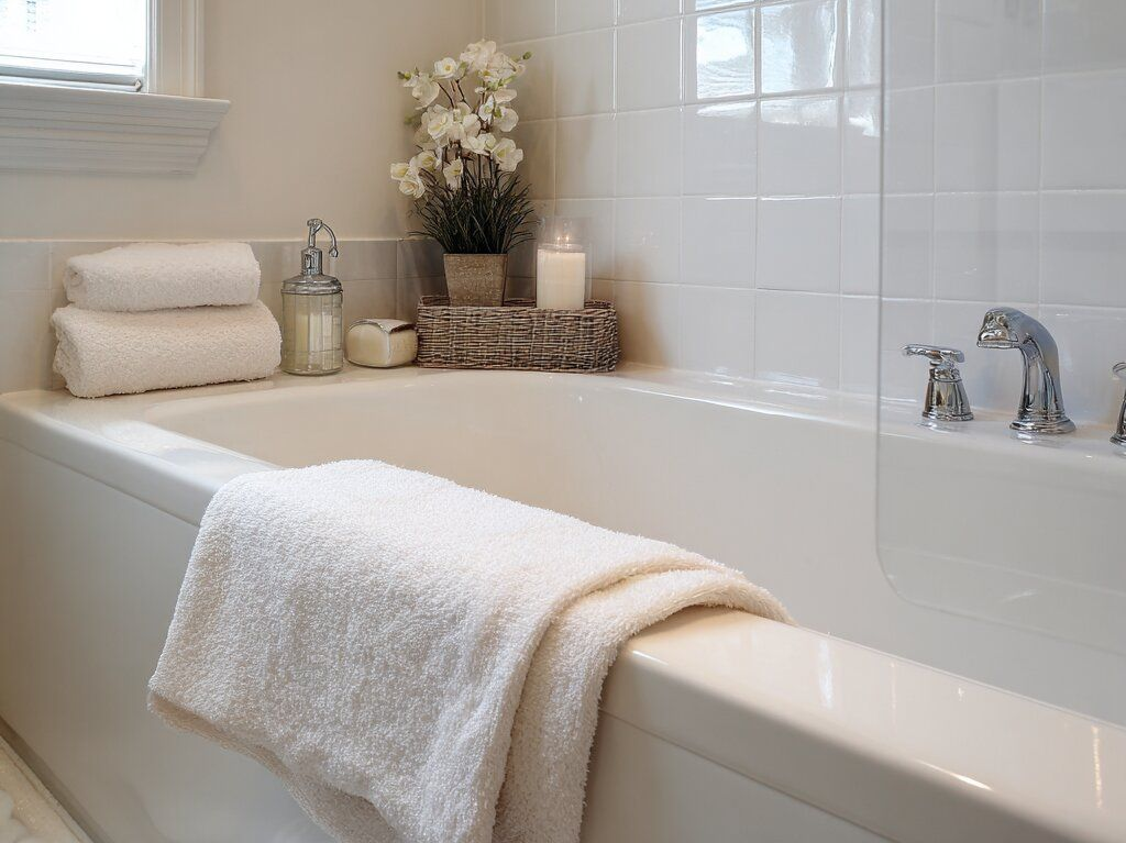 White bathroom with a bathtub, folded towels, and a candle-lit bath tray against tiled walls