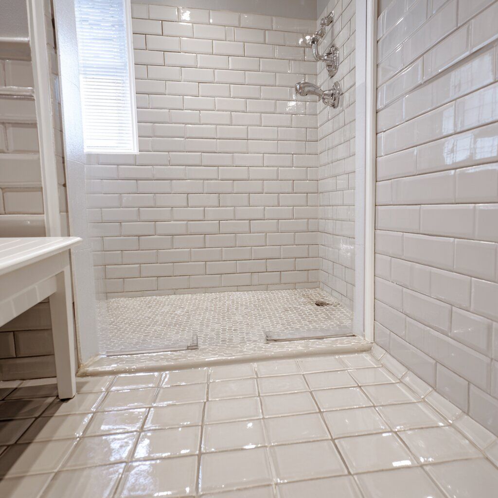 Bright modern bathroom with a freestanding tub, glass shower, white vanity, and gray rug.