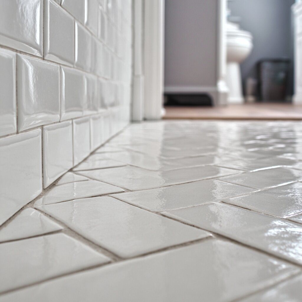 Bright bathroom with freestanding white tub, subway tile wall, window, and woven rug