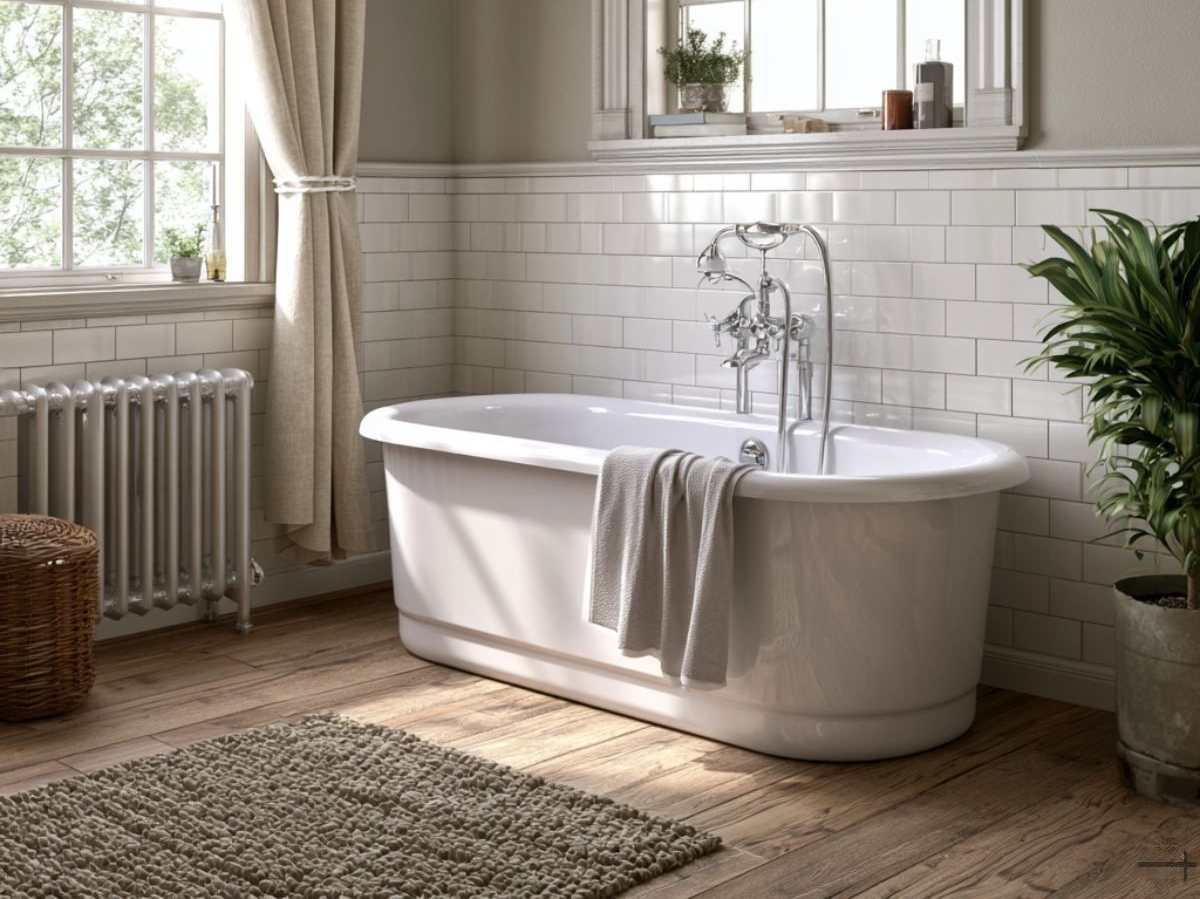 Bright bathroom with freestanding white tub, subway tile wall, window, and woven rug