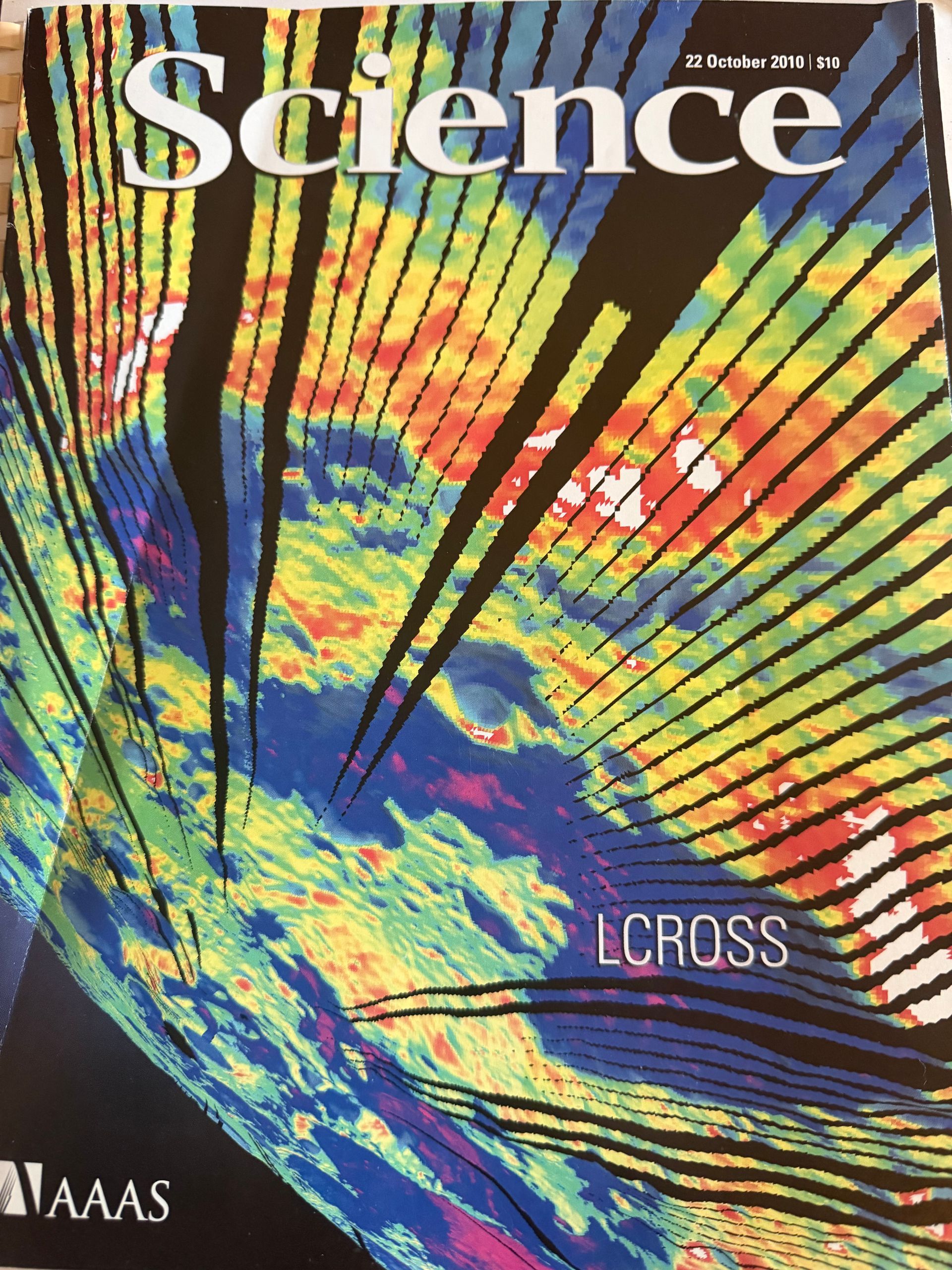 Science magazine cover, October 22 2010, featuring LCROSS mission's confirmed water ice discovery at the Moon's south pole