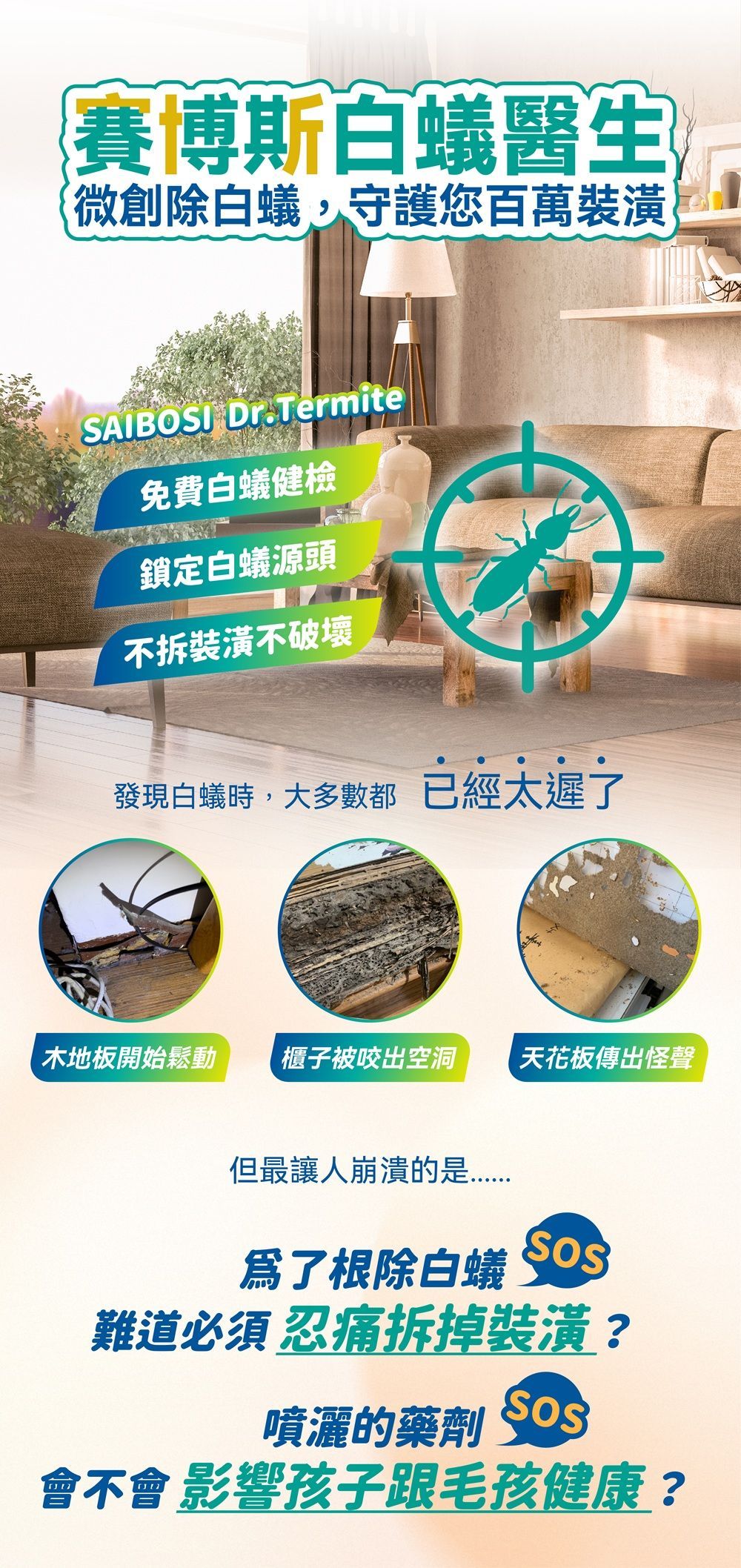 賽博斯白蟻醫生微創除白蟻服務，守護百萬裝潢，台北市新北市免費白蟻居家健檢預約
