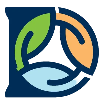 Abstract blue logo with three interlocking leaf shapes in green, orange, and light blue
