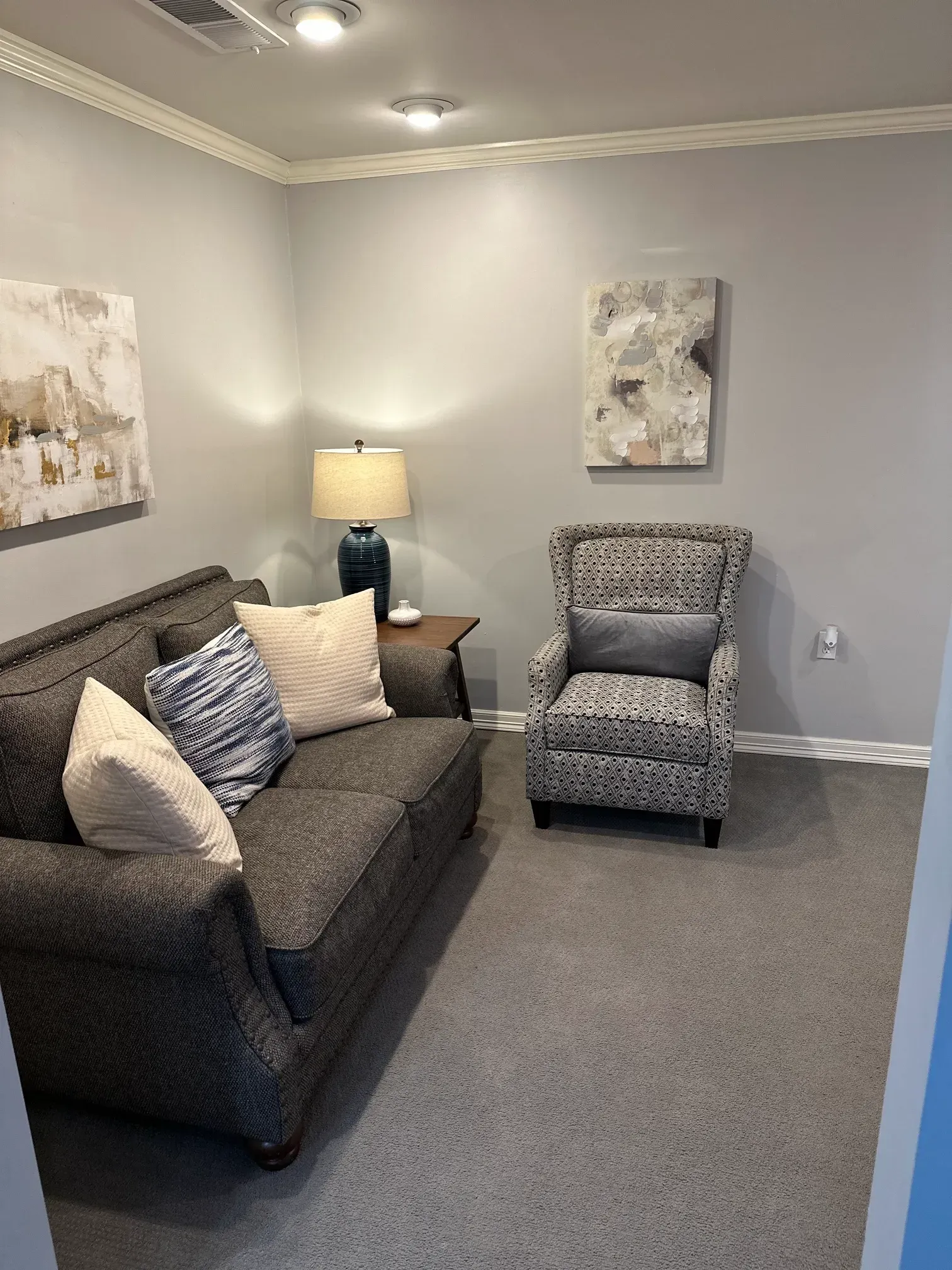 Small gray living room with sofa, armchair, lamp, and wall art