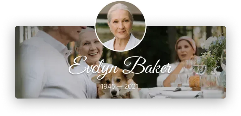 Memorial collage with portrait and wedding photos, labeled “Evelyn Baker” with dates “1940–2021”