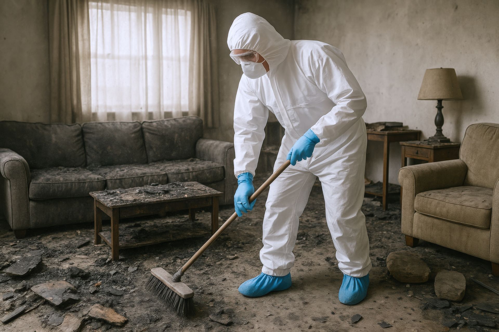 Worker in protective suit cleaning debris in a fire-damaged living room. Worker in protective suit cleaning debris in a fire-damaged living room.