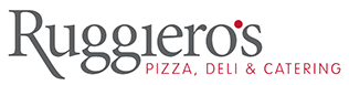 Ruggiero's Pizza, Deli & Catering logo in gray text with a red dot and the text 