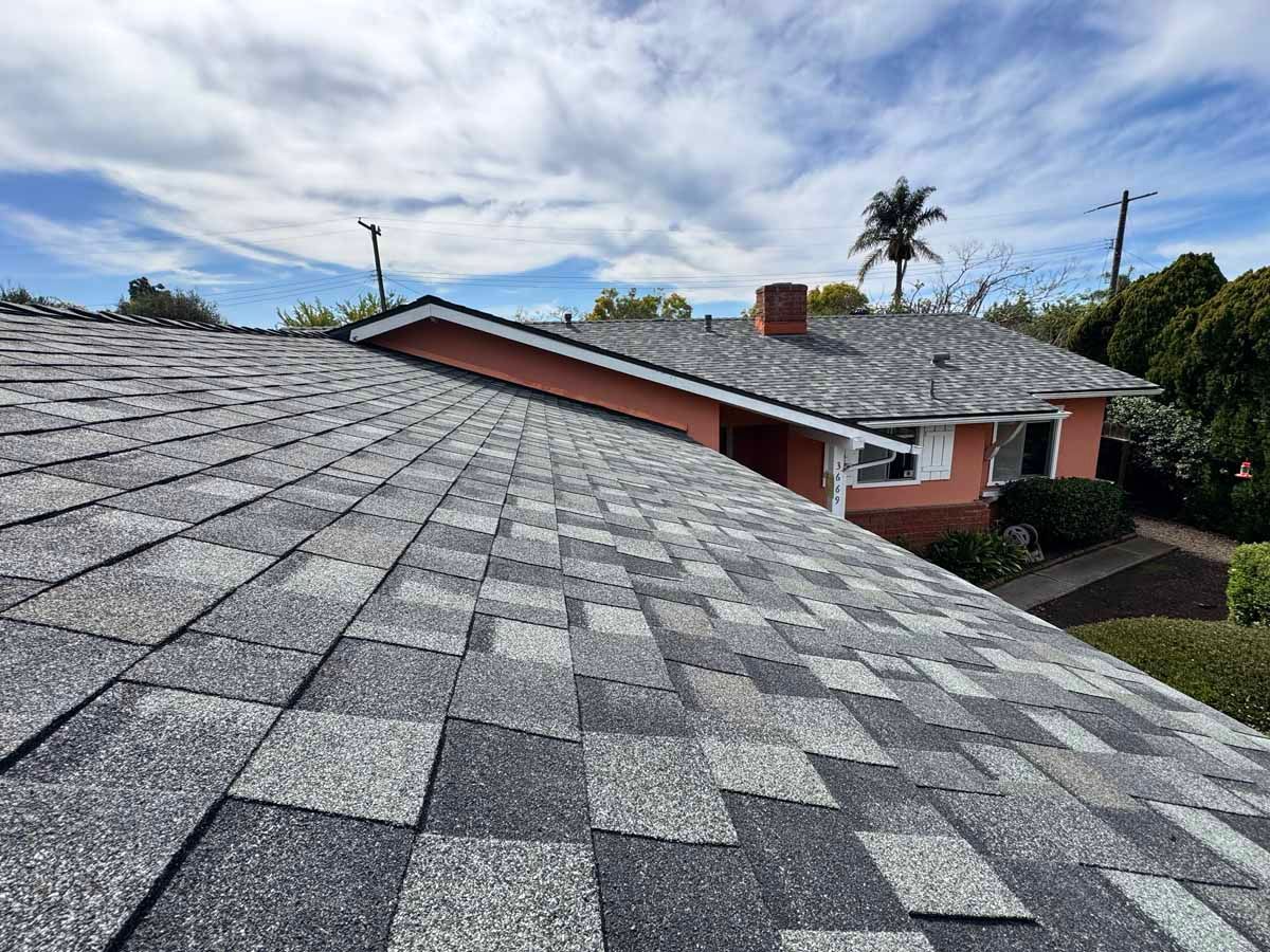 Shingled roof in foreground with a red house and palm trees under a partly cloudy sky