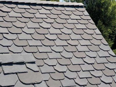 Gray shingled roof with overlapping scalloped tiles and a small section of tree foliage at right