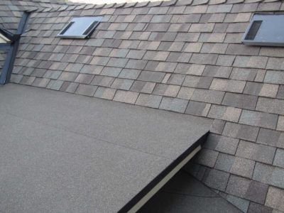 Rooftop with gray shingles, skylights, and a flat roof section in the foreground.