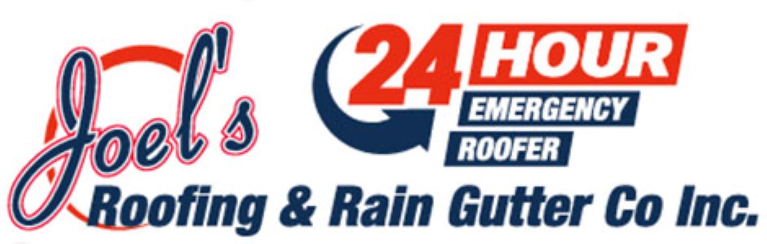 Logo for Joel&rsquo;s Roofing & Rain Gutter Co. with &ldquo;24 Hour Emergency Roofer&rdquo; in red, blue, and white text