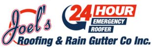 Logo for Joel’s Roofing & Rain Gutter Co. with “24 Hour Emergency Roofer” in red, blue, and white text