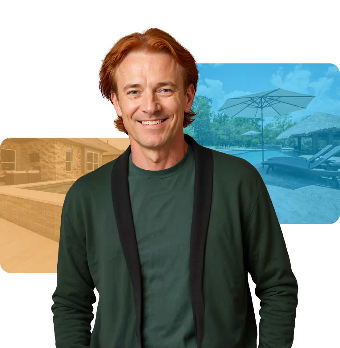 Man smiling, wearing green cardigan, with a blurred pool and house background.