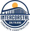 A logo for intercoastal concrete construction with a bridge and sun
