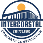 A logo for intercoastal concrete construction with a bridge and sun