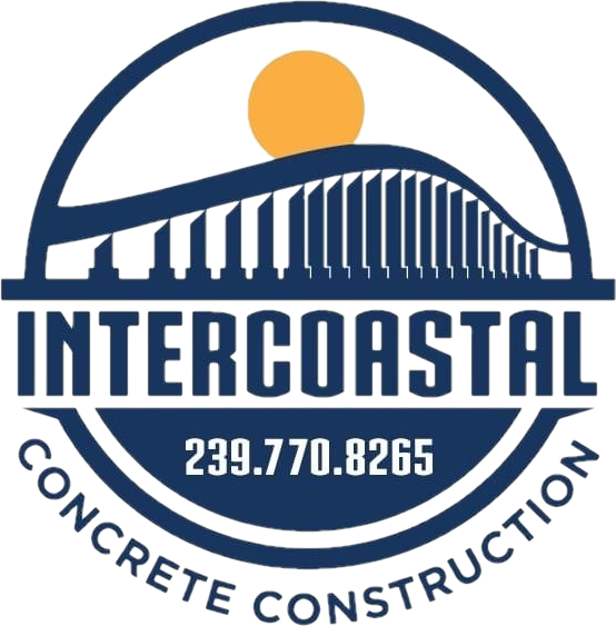 A logo for intercoastal concrete construction with a bridge and sun