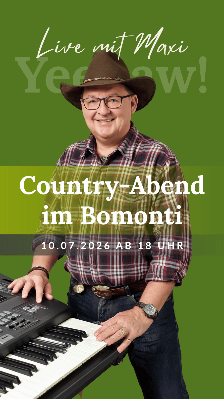 Country-Abend in Bomonti poster with a smiling cowboy hat man playing keyboard on a green background