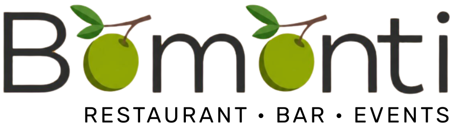 Logo des Restaurants, der Bar und der Veranstaltungsabteilung von Bomonti mit gr&uuml;nen Fruchtsymbolen und schwarzem Text