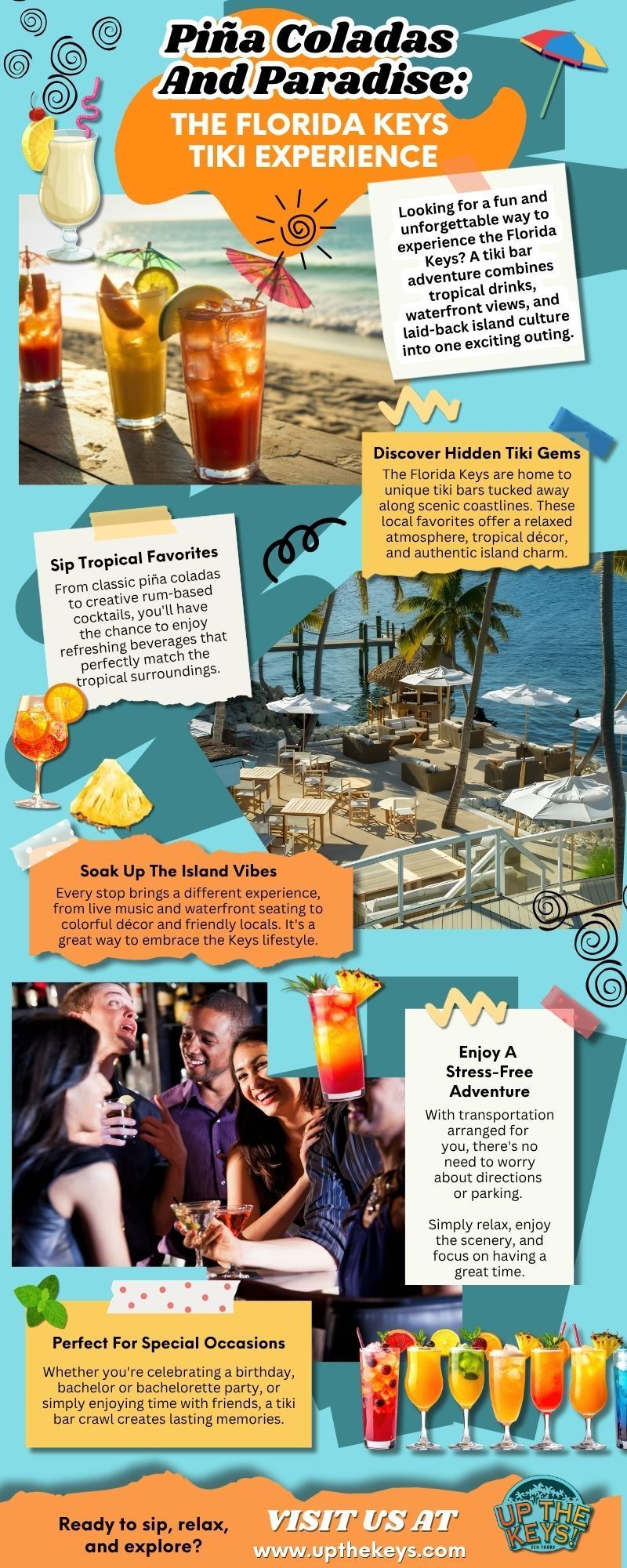 Infographic showcasing a Florida Keys tiki bar adventure, featuring tropical cocktails, waterfront tiki bars, island scenery, group outings, stress-free transportation, and special occasion celebrations in a relaxed tropical setting.