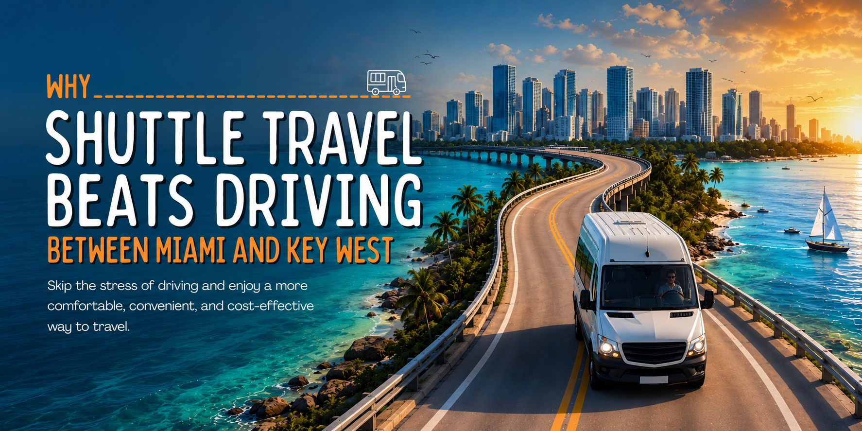Shuttle van traveling on the Overseas Highway between Miami and Key West with ocean views and Miami 
