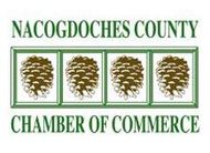 Nacogdoches County Chamber of Commerce logo with green text and four pine cone icons