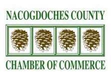 Nacogdoches County Chamber of Commerce logo with green text and four pine cone icons
