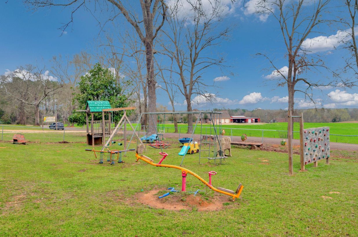 Small playground with spring riders, swing set, climbing platform, and grassy park under a blue sky