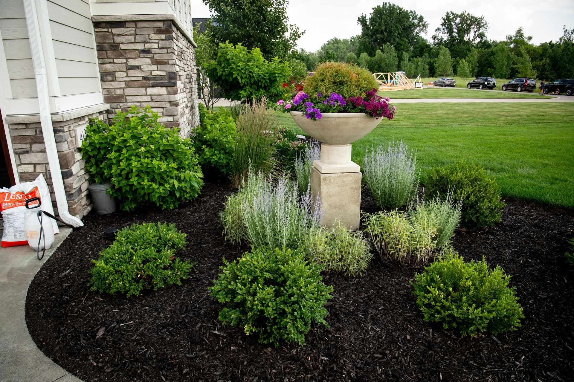 Landscaped garden bed with various green shrubs and a large stone planter filled with flowers.
