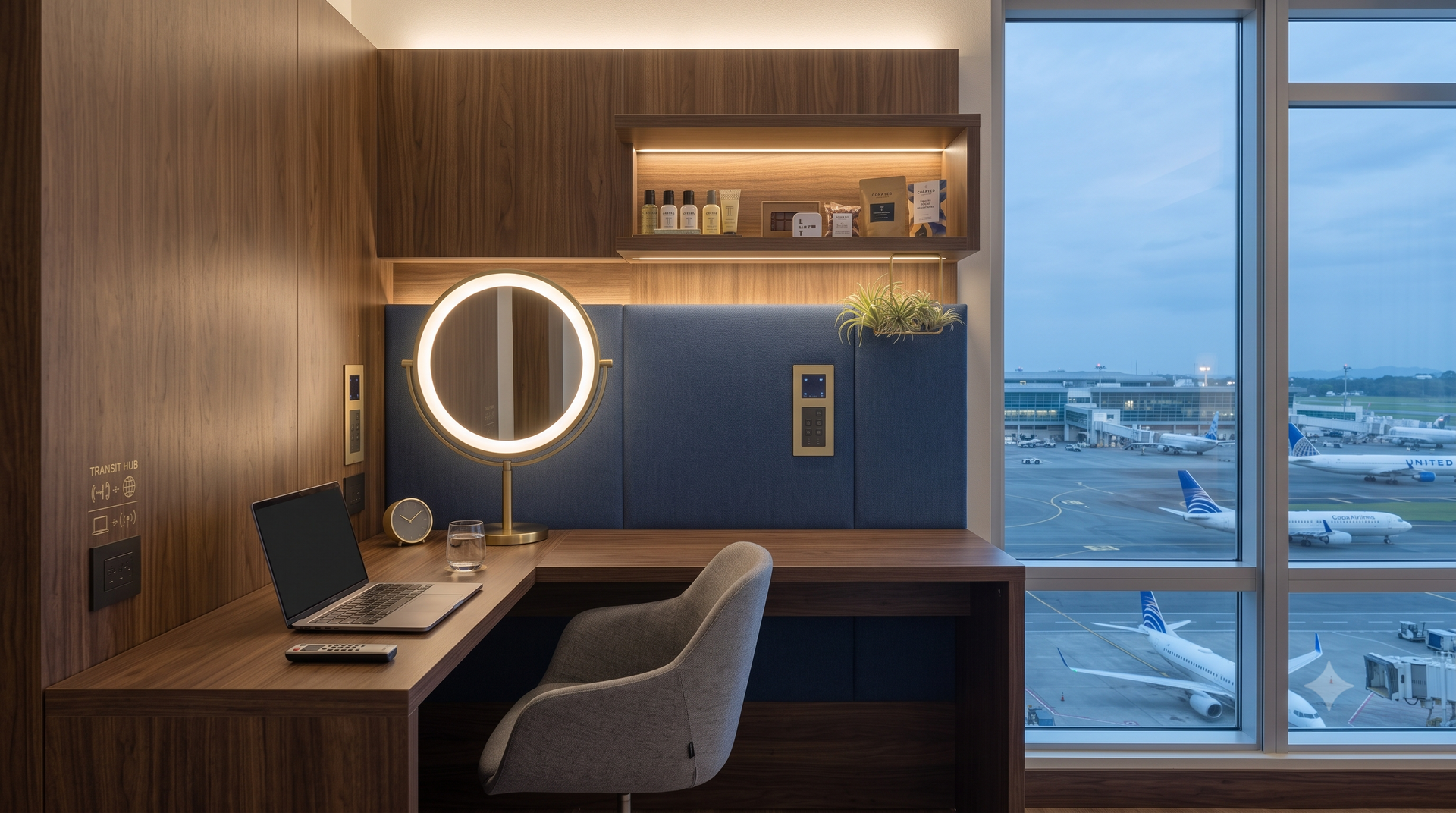 Modern hotel room desk with laptop, ring light, chair, and floor-to-ceiling window overlooking the city and water.