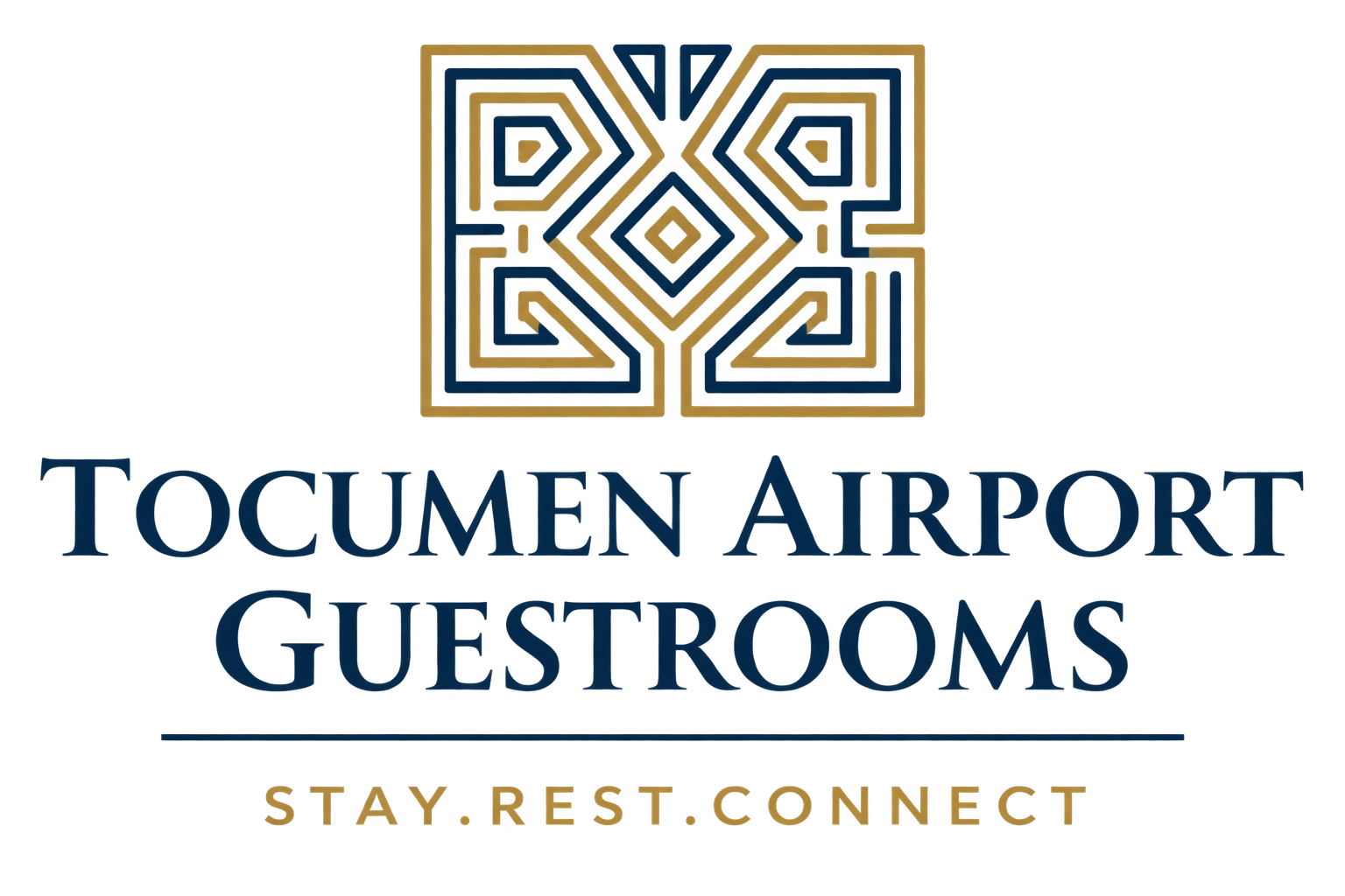 Tocumen Airport Guestrooms logo with gold geometric emblem and navy text on a light background, “Stay.Rest.Connect”