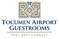 Tocumen Airport Guestrooms logo with gold geometric emblem and navy text on a light background, “Stay.Rest.Connect”