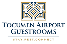 Tocumen Airport Guestrooms logo with gold geometric emblem and navy text on a light background, “Stay.Rest.Connect”