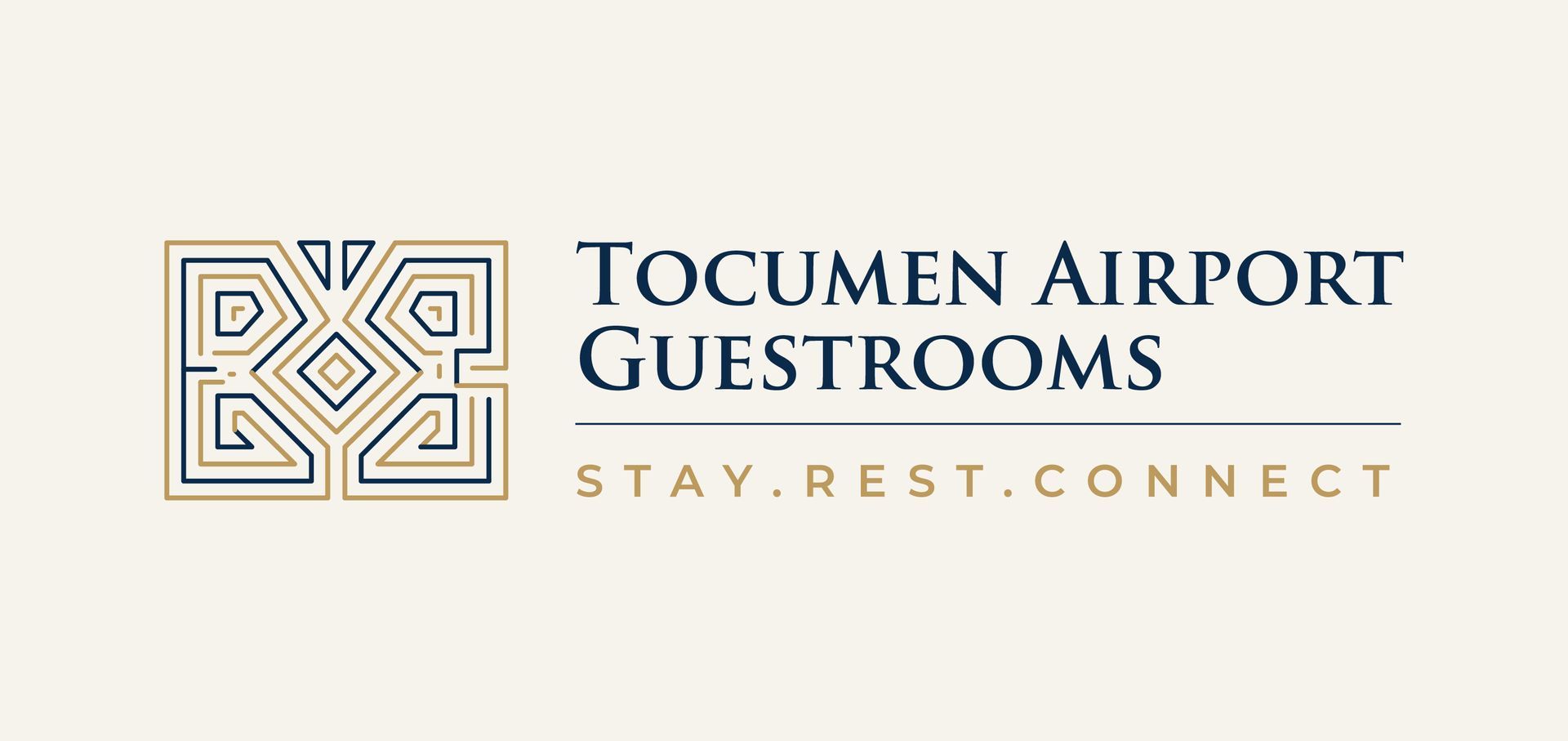 Tocumen Airport Guestrooms logo with gold geometric emblem and navy text on a light background, “Stay.Rest.Connect”